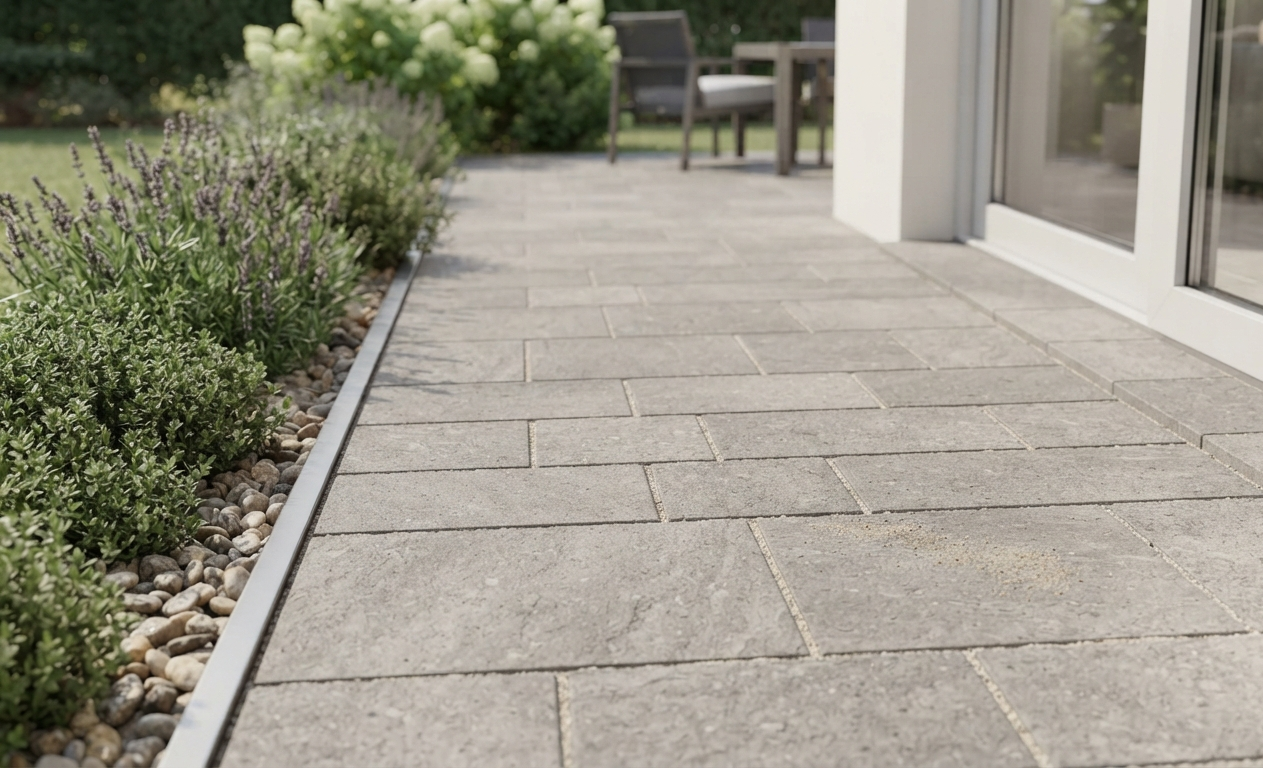 Neu verlegte Terrassenplatten entlang eines Wohnhauses mit Beetumrandung
