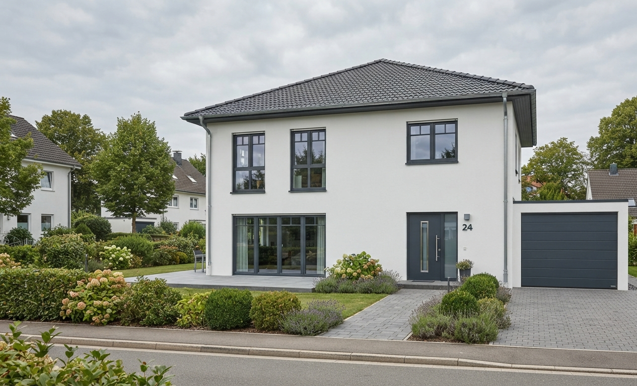 Modernes Einfamilienhaus mit anthrazitfarbenen Fenstern und gepflasterter Zufahrt